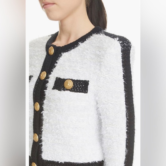 NWT $2990 Balmain Colorblocked Tweed Knit Jacket 12 US / 44 FR, GAB WHITE/ BLACK - Picture 4 of 7